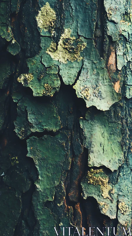 Close-up view of textured tree bark with green lichen patches.