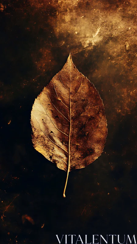 Single dried leaf on dark textured background surface.
