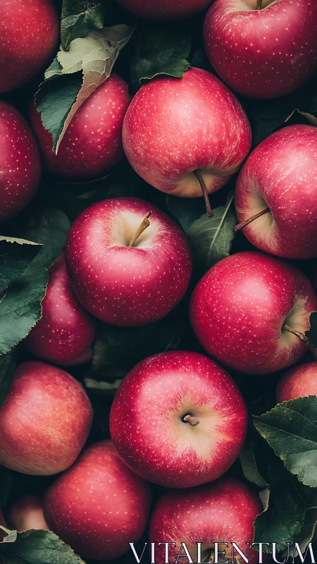 Fresh red apples piled with green leaves in close view.