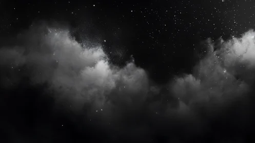 Digital painting of starfield above drifting night clouds.
