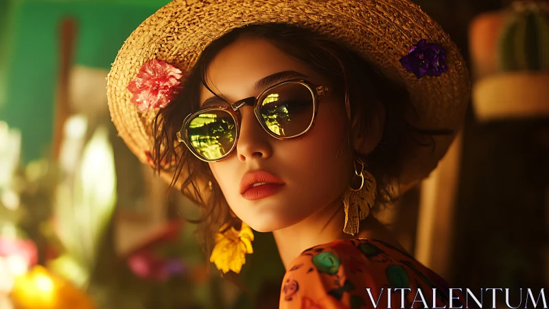 Sunlit portrait with straw hat, mirrored lenses, warm bokeh glow.