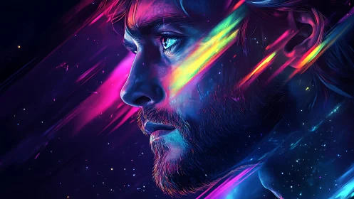 Starlit neon portrait of a dreaming voyager in cosmic drift.