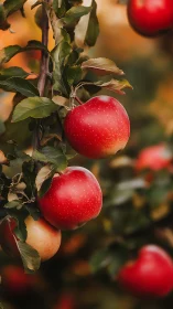 Ripe red apples on tree branches with soft blurred background.