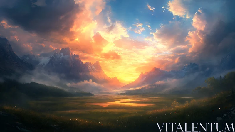 Sunlit valley opens between misty mountains at dawn