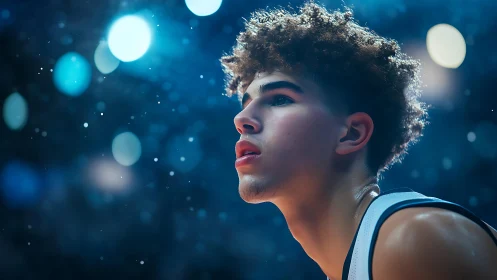 Focused young basketball player under cool arena lights