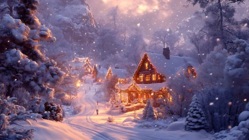 Snow-laden twilight village with warmly lit chalet cottages
