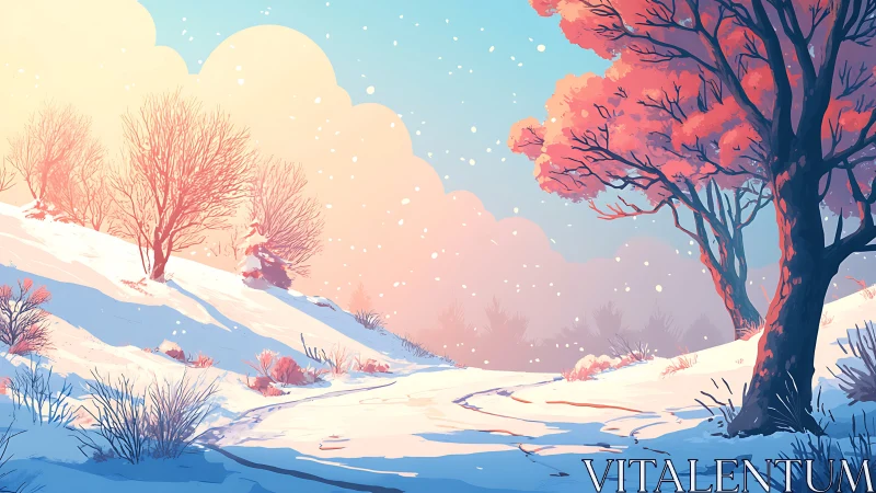 Winter sun paints coral crowns on trees above silent snow