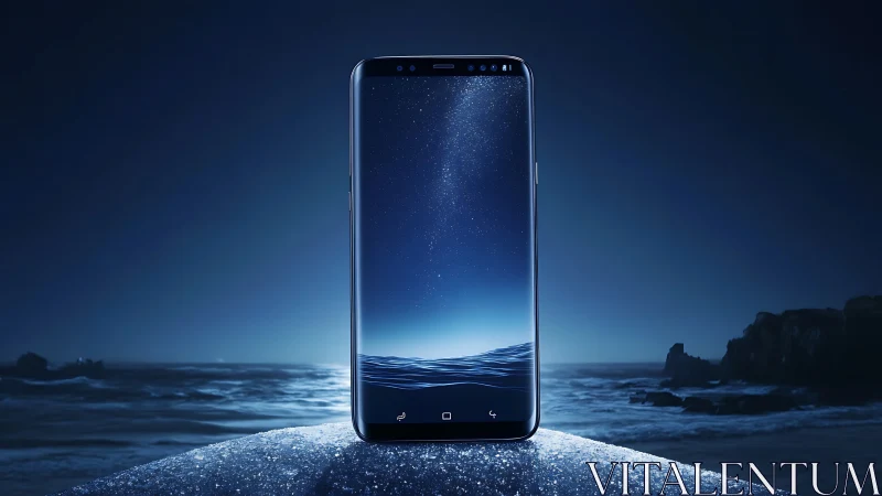 Bezel free smartphone glows above midnight ocean horizon