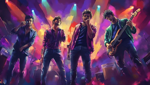 Four male musicians perform on stage under vivid colored lights