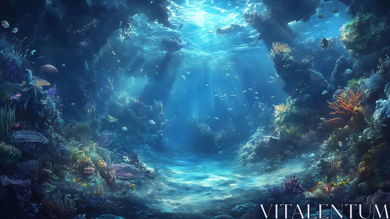 Sunlit digital coral reef with fish in clear blue water.