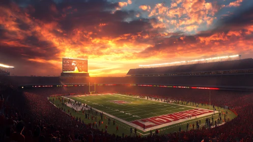 Sunset-lit football stadium with packed crowd and big screen.