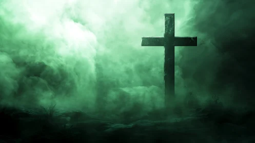 Lone cross rises through eerie green fog and shadowed ground.