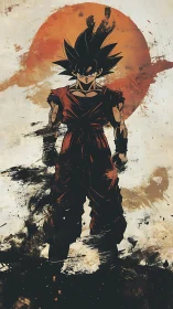 Bold anime warrior stands strong before a blazing sun sky