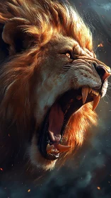 Roaring lion portrait in dramatic ember lit closeup.