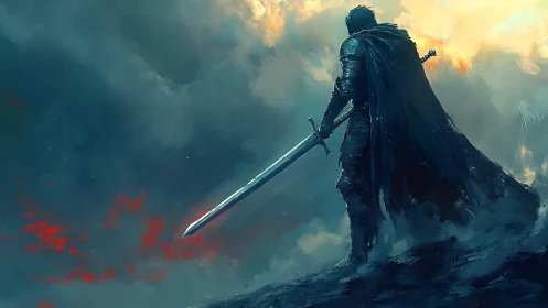 Armored lone knight with greatsword in storm-lit battlefield