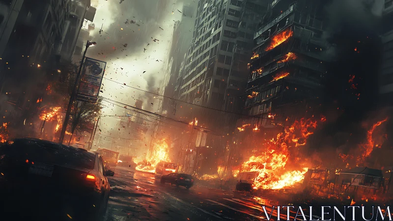 Burning city street with cars fleeing urban skyscraper fires.