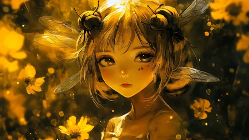 Golden bee-winged girl glows softly in a dreamy meadow