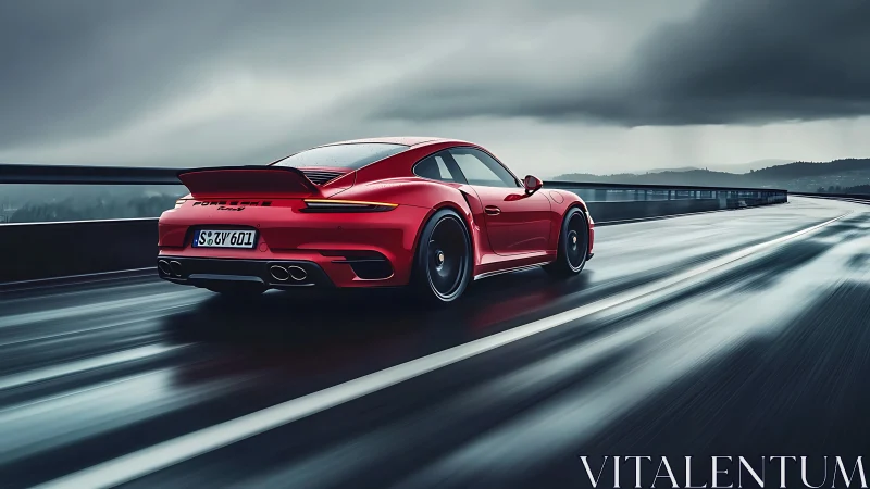 Red sports coupe on wet highway under overcast sky.
