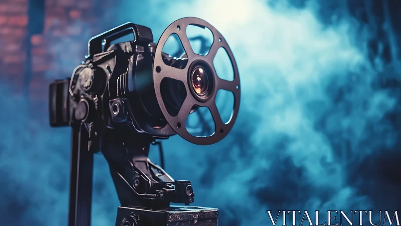 Vintage film projector in blue cinematic studio haze.