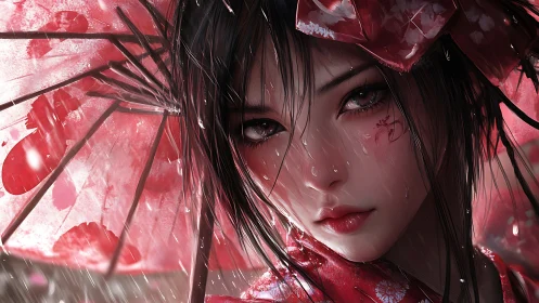 Rain-soaked girl holds red umbrella in close anime portrait