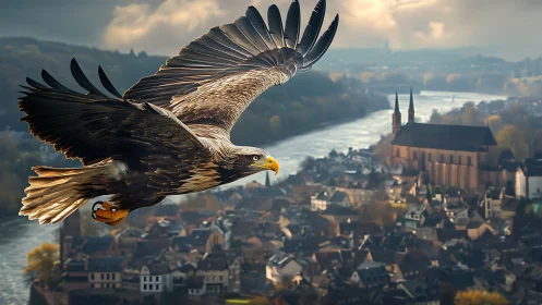 Majestic Eagle Soaring Over European Town in Dramatic Light.