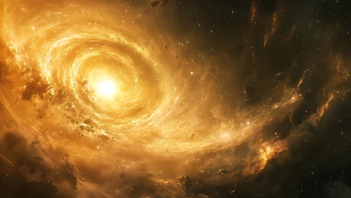 Solar whirlpool carves a molten halo through silent cosmos