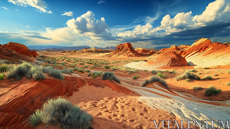 Sunlit striped desert buttes under dynamic storm clouds.
