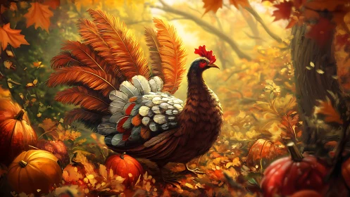 Digital painting of autumn turkey amid pumpkins and foliage.