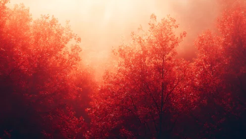 Red autumn forest under strong backlit morning haze.