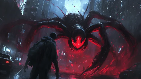 Giant neon arachnid descends on rain-soaked cyberpunk alleyway