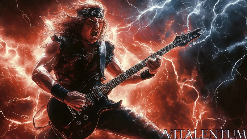 Heavy metal guitarist arcs through red and blue electric storm
