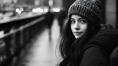 Young Woman in Knit Hat on City Street, Black and White Portrait.