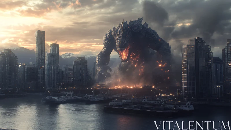 Giant lava monster towering over modern waterfront city.