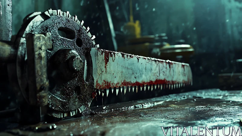Bloodstained industrial saw resting in a dim wet workshop.