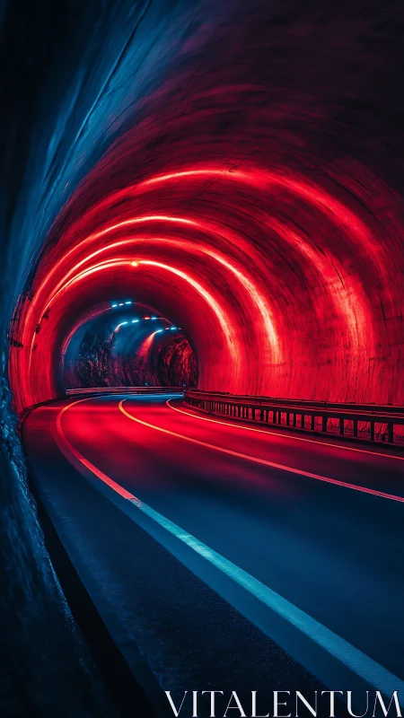Neon-lit highway tunnel curves through saturated red-blue glow