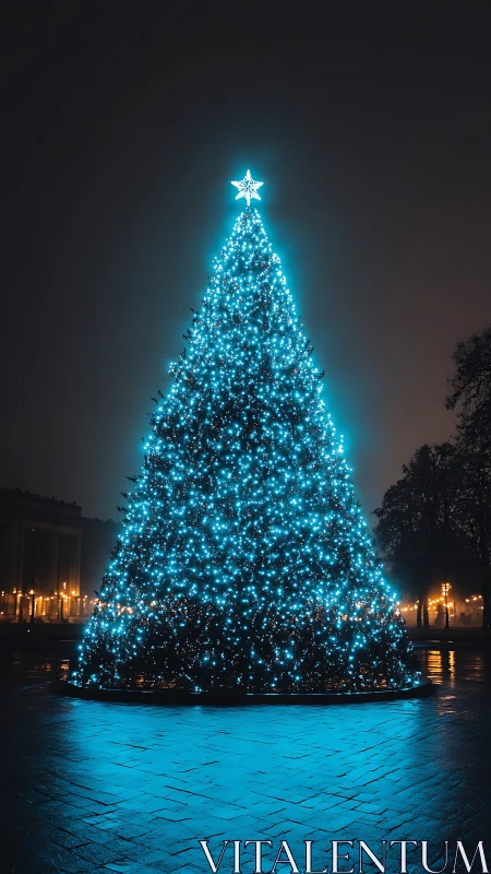 Christmas tree glows with dense blue lights at night