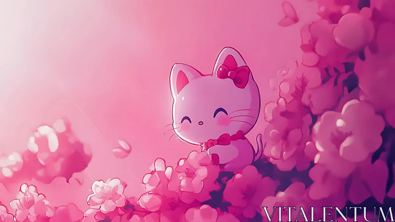 Chibi white cat character in pink bokeh cherry blossom environment