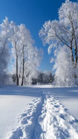 Photorealistic winter trail under frost laden birch canopy.