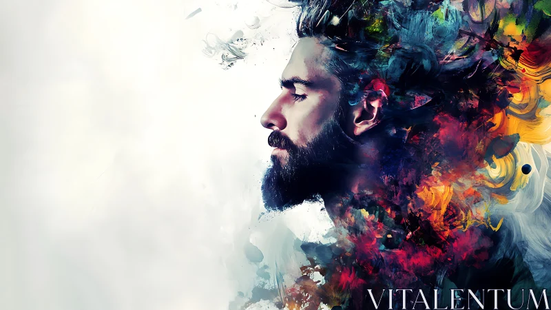 Profile portrait with abstract multicolored paint aura.