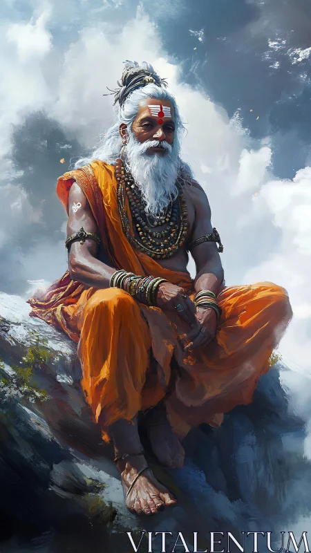 Himalayan sage in orange robes rendered with luminous clouds.