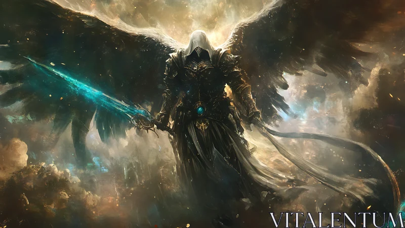 Hooded celestial warrior with radiant sword in stormlight.