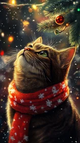 Festive tabby cat in red scarf under glowing tree lights.