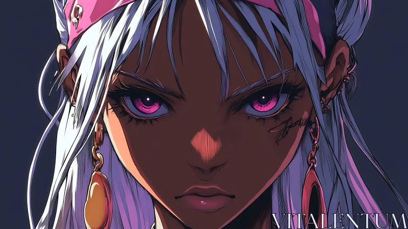 Fierce pink-eyed heroine glowing with bold neon resolve.