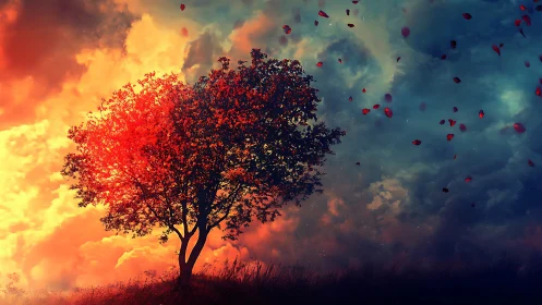 Vibrant autumn tree at sunset in surreal digital art landscape.