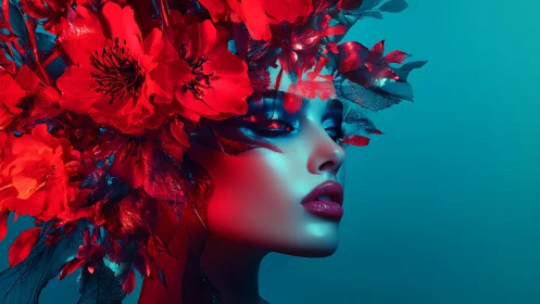 Floral siren crowned in neon scarlet dreams and aqua hush.