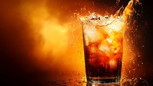 Beverage splashing from glass with ice cubes against warm amber lighting background