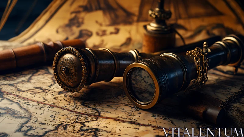 Antique brass spyglasses on richly lit vintage map scene.