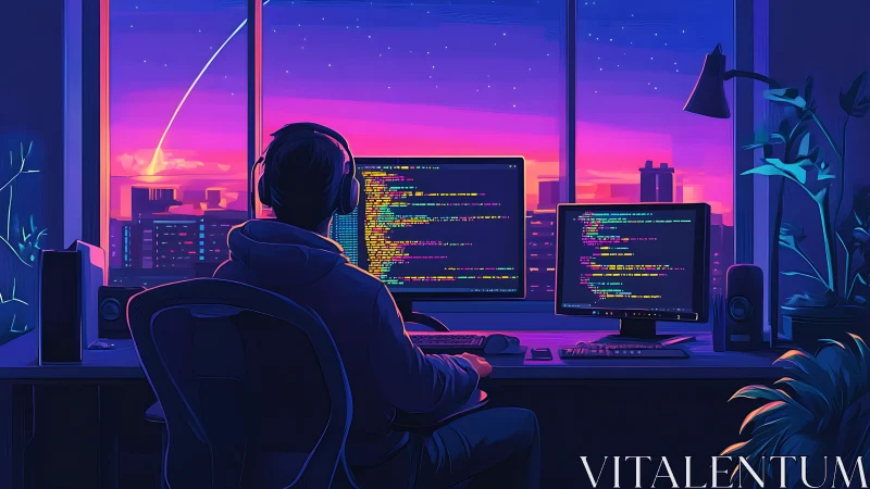 Coder at sunset window immersed in neon city dreams.