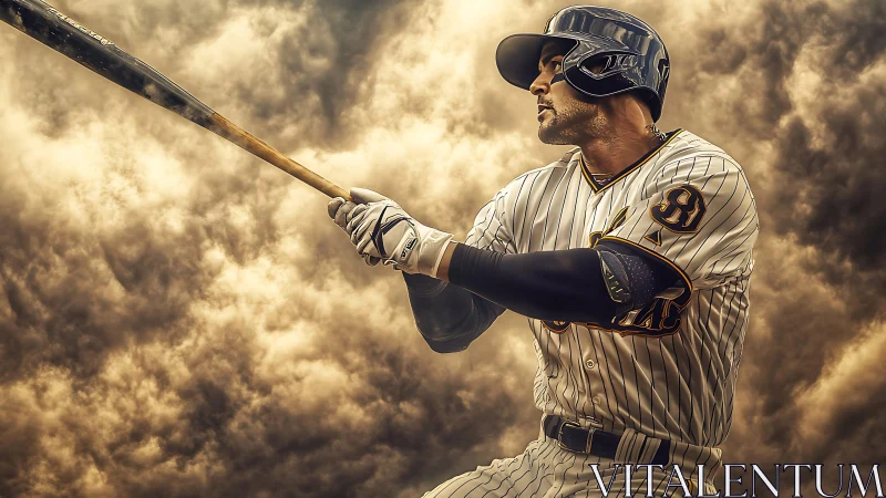 Baseball hitter in dramatic swing against stormy cloud backdrop