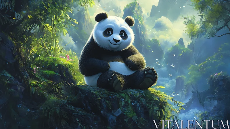 Digital panda character sits on mossy rock in lush valley